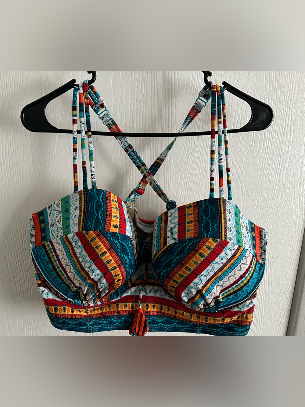 Striped Multicolor Aztec Bikini Top - Teal & Red